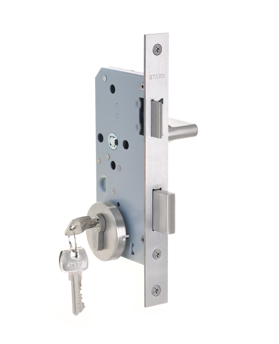 Cerradura de embutir puerta de acceso principal. Cilindro ambos lados. Manilla interior derecha o izquierda, Modelo: MAITE (Acero inoxidable 304). SKU: SDE200-AI.KIT.MAITE1/2