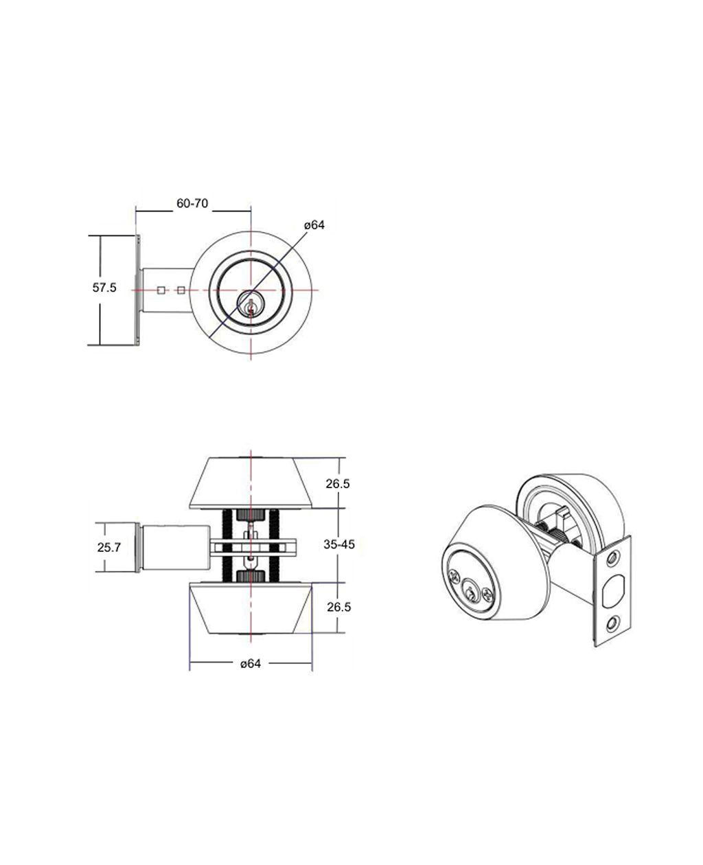 Cerrojo de seguridad, cilindro exterior e interior. (Acero inoxidable). SKU: SDCE0-AI — imagen 2