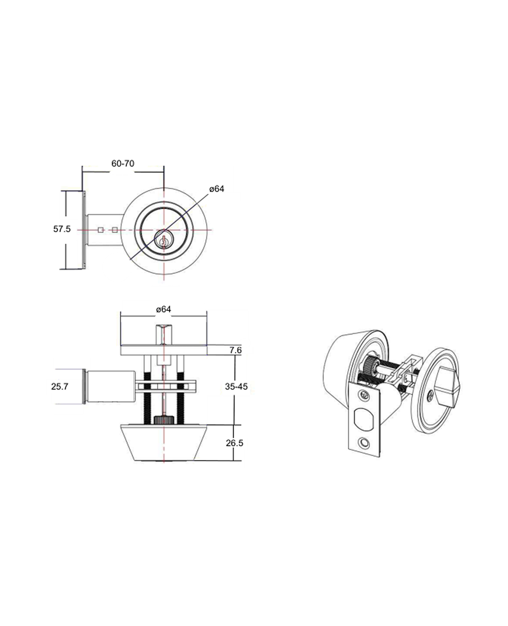 Cerrojo de seguridad, cilindro exterior y seguro interior. (Acero inoxidable). SKU: SDCE4-AI — imagen 2