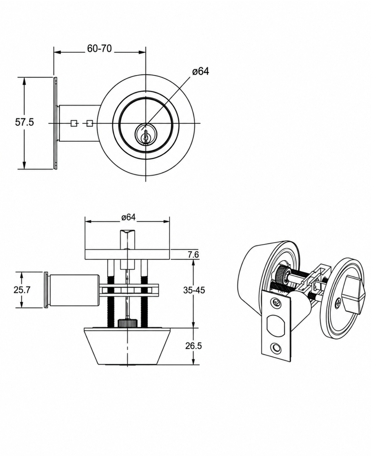 Cerrojo de seguridad, cilindro exterior y seguro interior. (Bronce pulido). SKU: SDCE4-PB