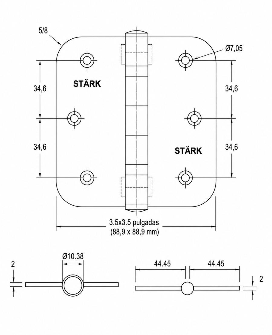 3 Bisagras con rodamientos de 3,5"x3,5" canto redondo 5/8. 2 mm espesor. (Acero inoxidable 304)