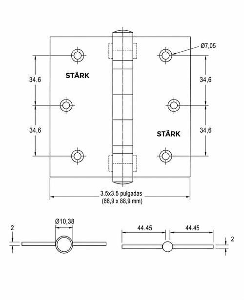 3 Bisagras con rodamientos de 3,5"x3,5". 2 mm espesor. (Acero inoxidable 304)