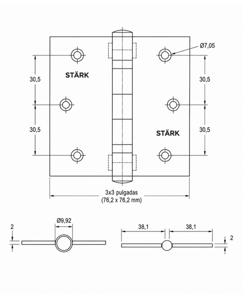 3 Bisagras con rodamientos de 3"x3". 2 mm espesor. (Acero inoxidable 304)