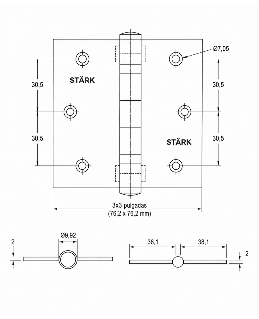 3 Bisagras con rodamientos de 3"x3". 2 mm espesor. (Acero inoxidable 304)