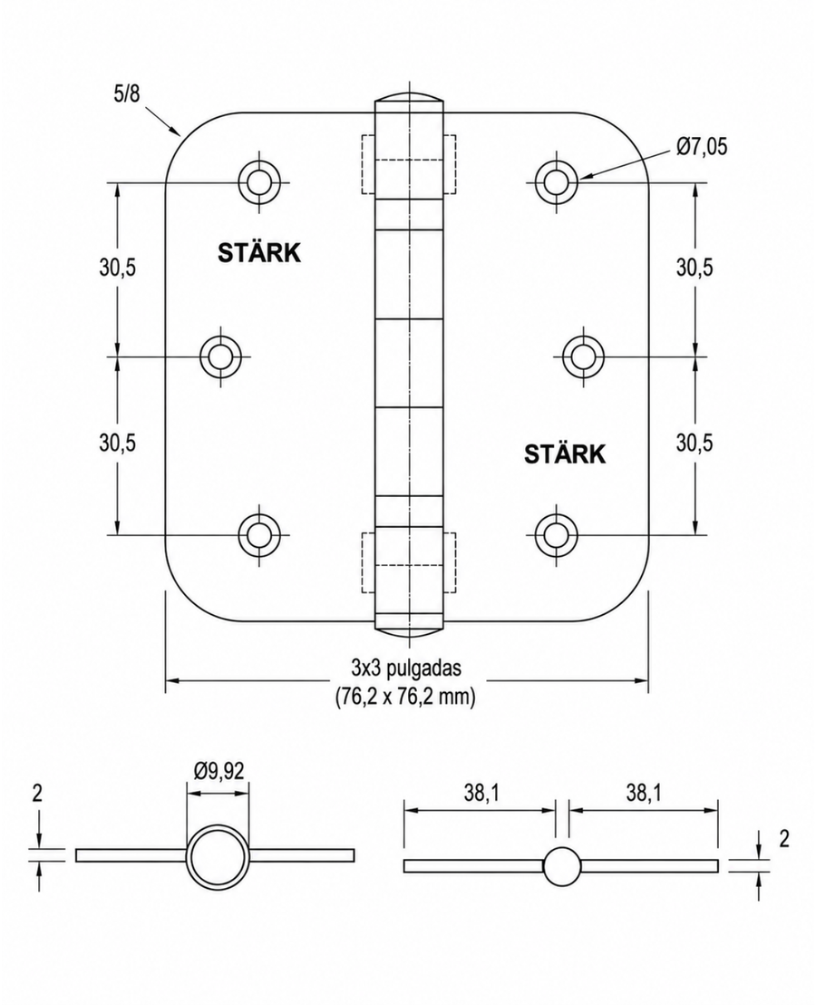 3 Bisagras con rodamientos de 3"x3" canto redondo 5/8. 2 mm espesor. (Acero inoxidable 304)