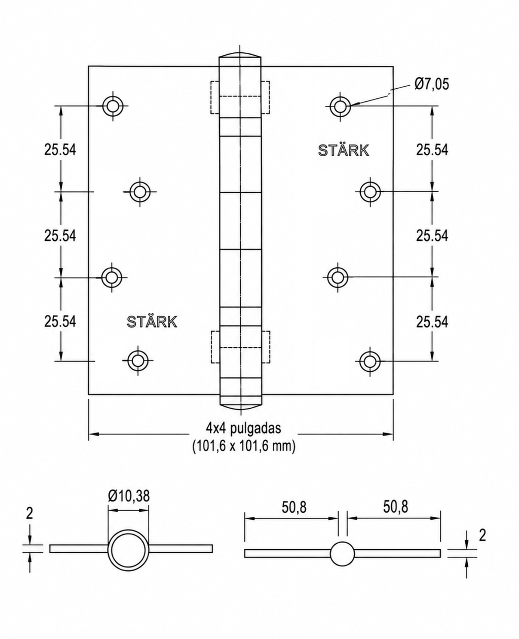 3 Bisagras con rodamientos de 4"x4". 2 mm espesor. (Acero inoxidable 304)