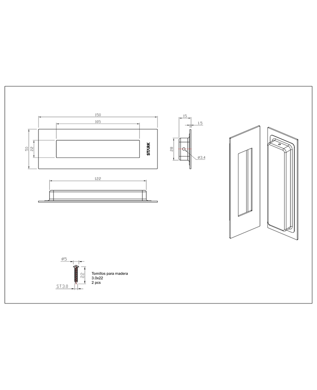 Asa embutida para puertas correderas. (Negro mate) — imagen 2