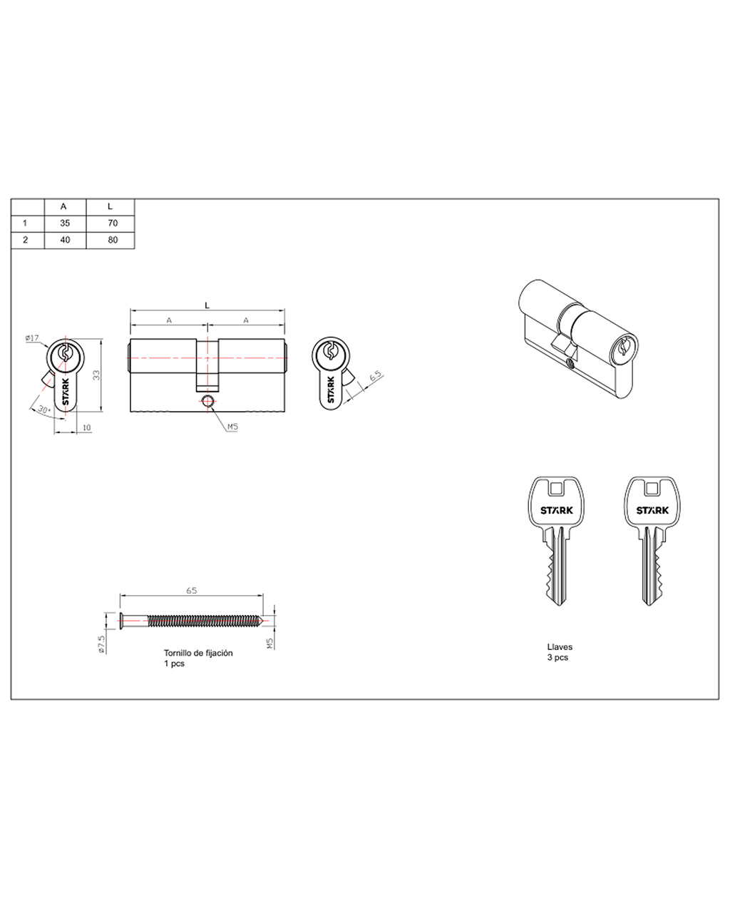 Cilindro 70 mm llave/llave centrado. (Níquel satinado) — imagen 2