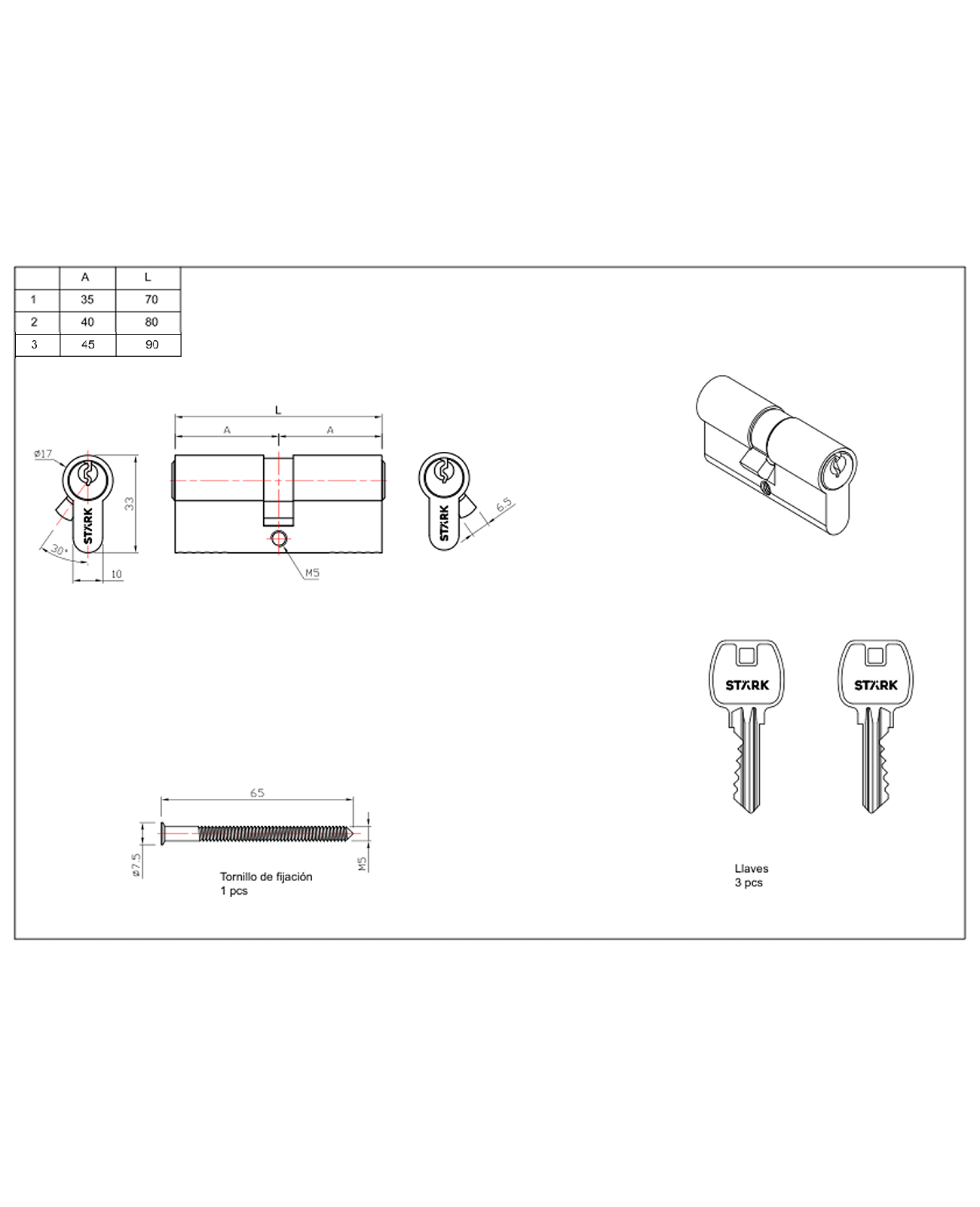 Cilindro 90 mm llave/llave centrado. (Negro mate) — imagen 2