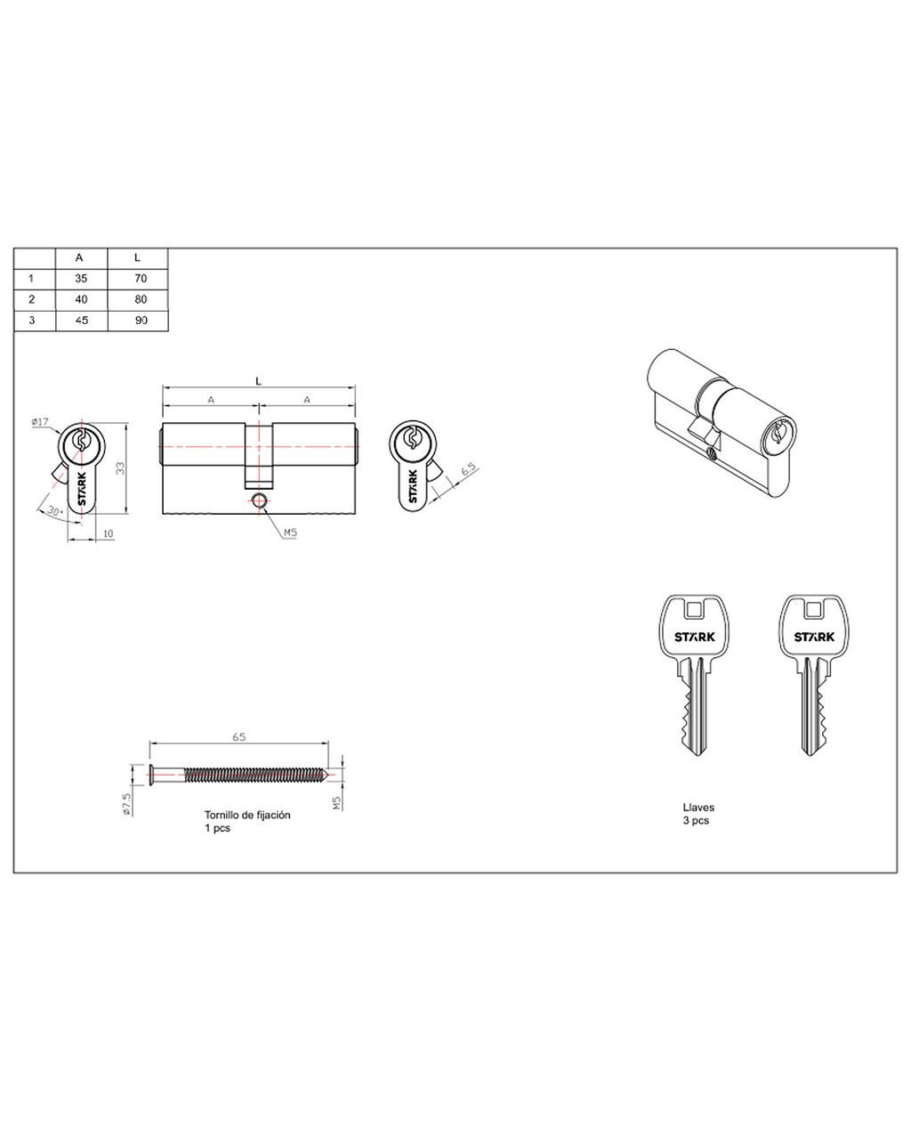 Cilindro 90 mm llave/llave centrado. (Níquel satinado) — imagen 2