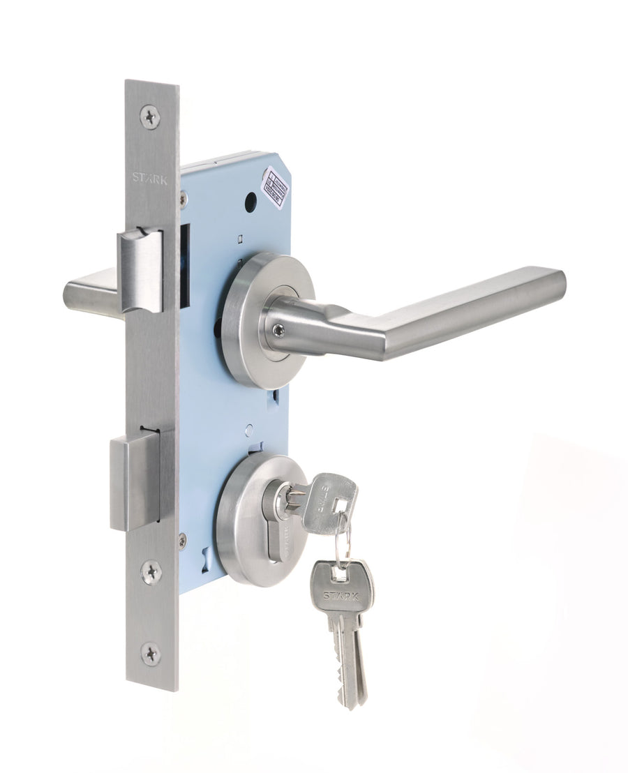 Cerradura de embutir puertas de oficinas, cocina – patio. Cilindro ambos lados. Manillas ambos lados, Modelo: MAITE. (Acero inoxidable 304). SKU: SDE200-AI.KIT.MAITE