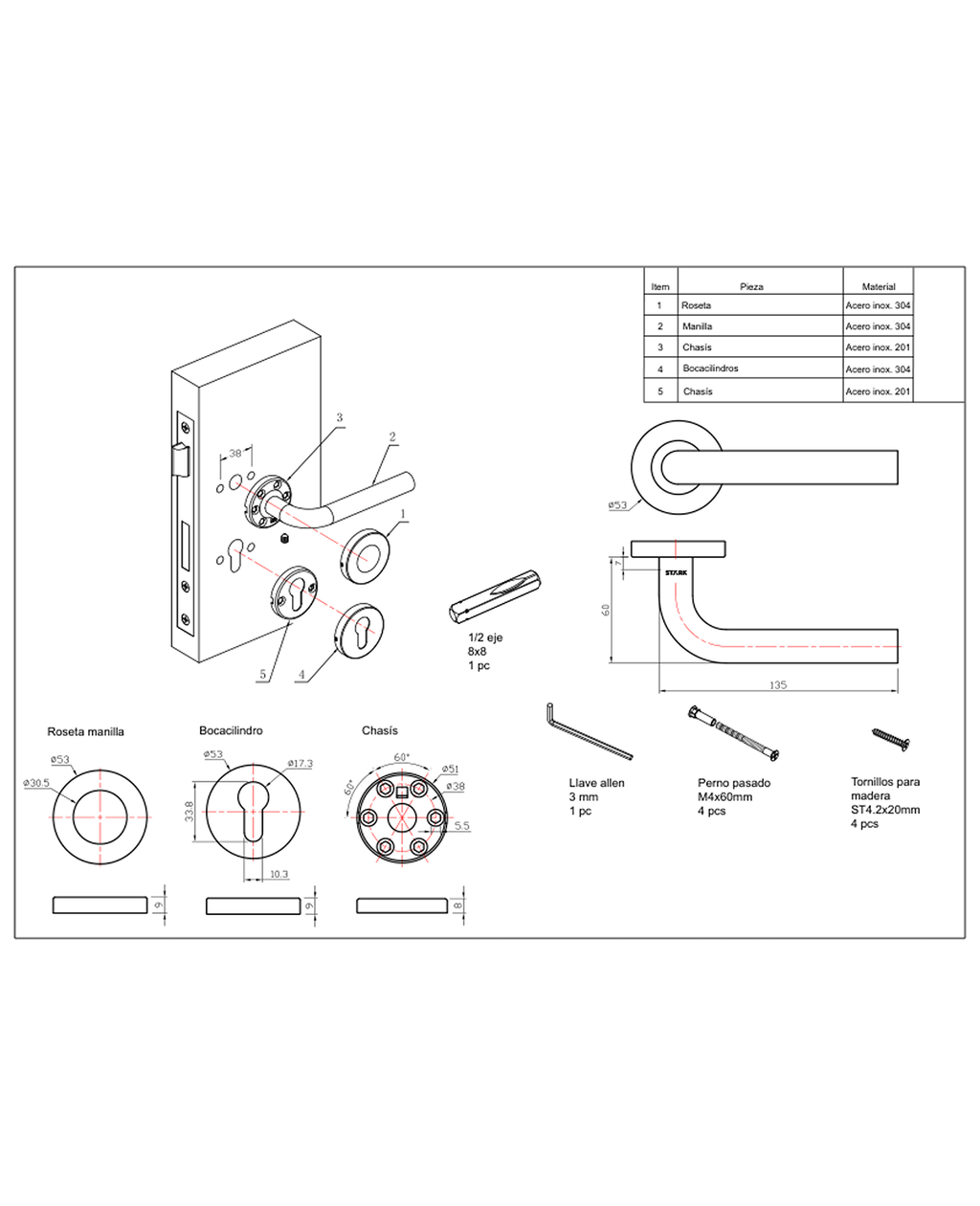 Cerradura de embutir puerta acceso principal. Cilindro ambos lados. Manilla interior derecha o izquierda, Modelo: MARTI. (Acero inoxidable 304). SKU: SDE200-AI.KIT.MARTI1/2 — imagen 3
