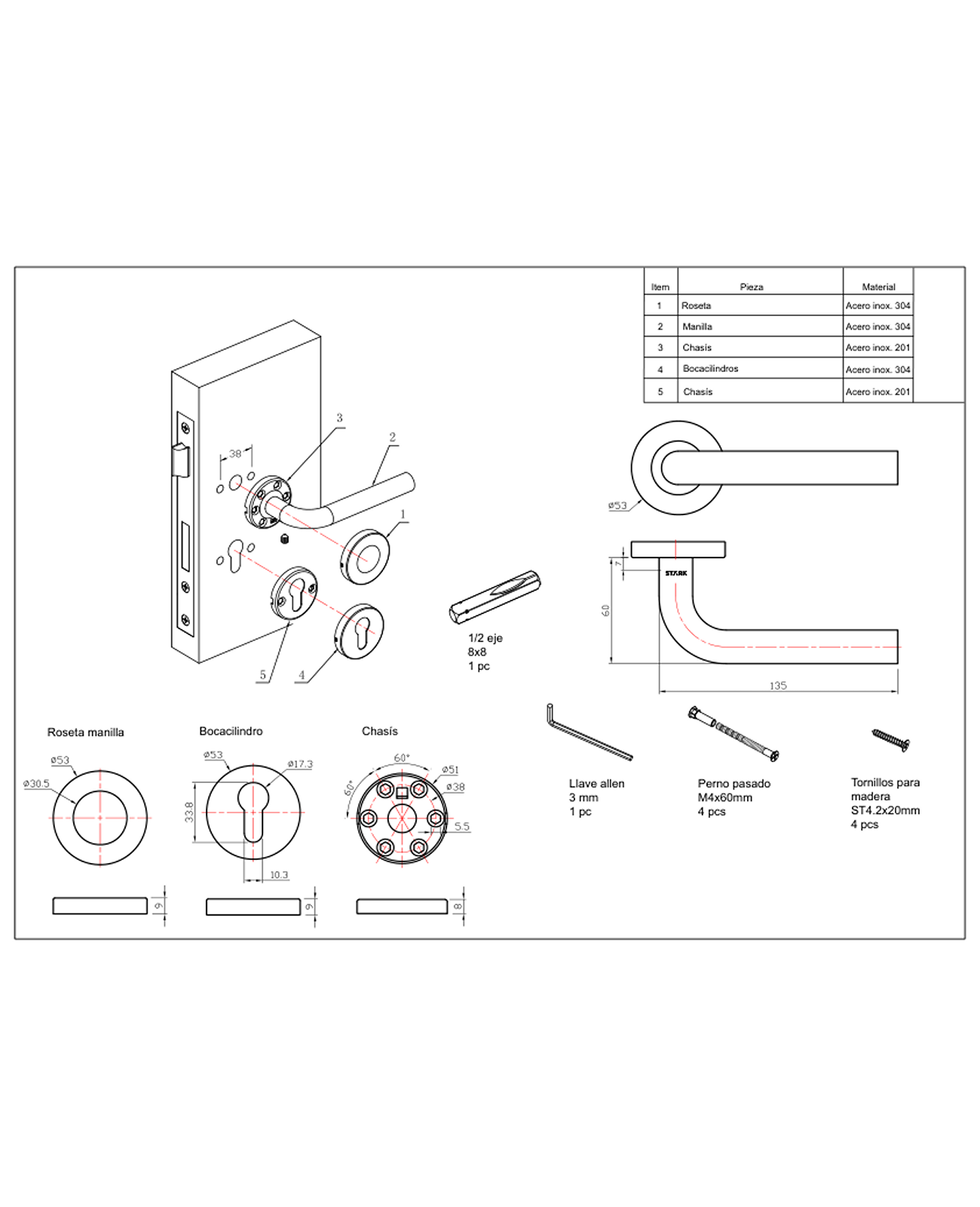 Cerradura de embutir puerta acceso principal. Cilindro ambos lados. Manilla interior derecha o izquierda, Modelo: MARTI. (Acero inoxidable 304). SKU: SDE200-AI.KIT.MARTI1/2 — imagen 3