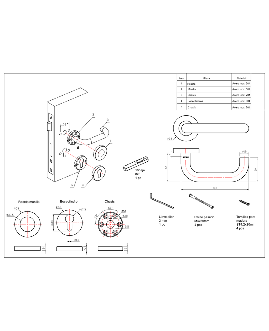 Cerradura de embutir puerta acceso principal. Cilindro ambos lados. Manilla interior derecha o izquierda, Modelo: TINA. (Acero inoxidable 304). SKU: SDE200-AI.KIT.TINA1/2 — imagen 3