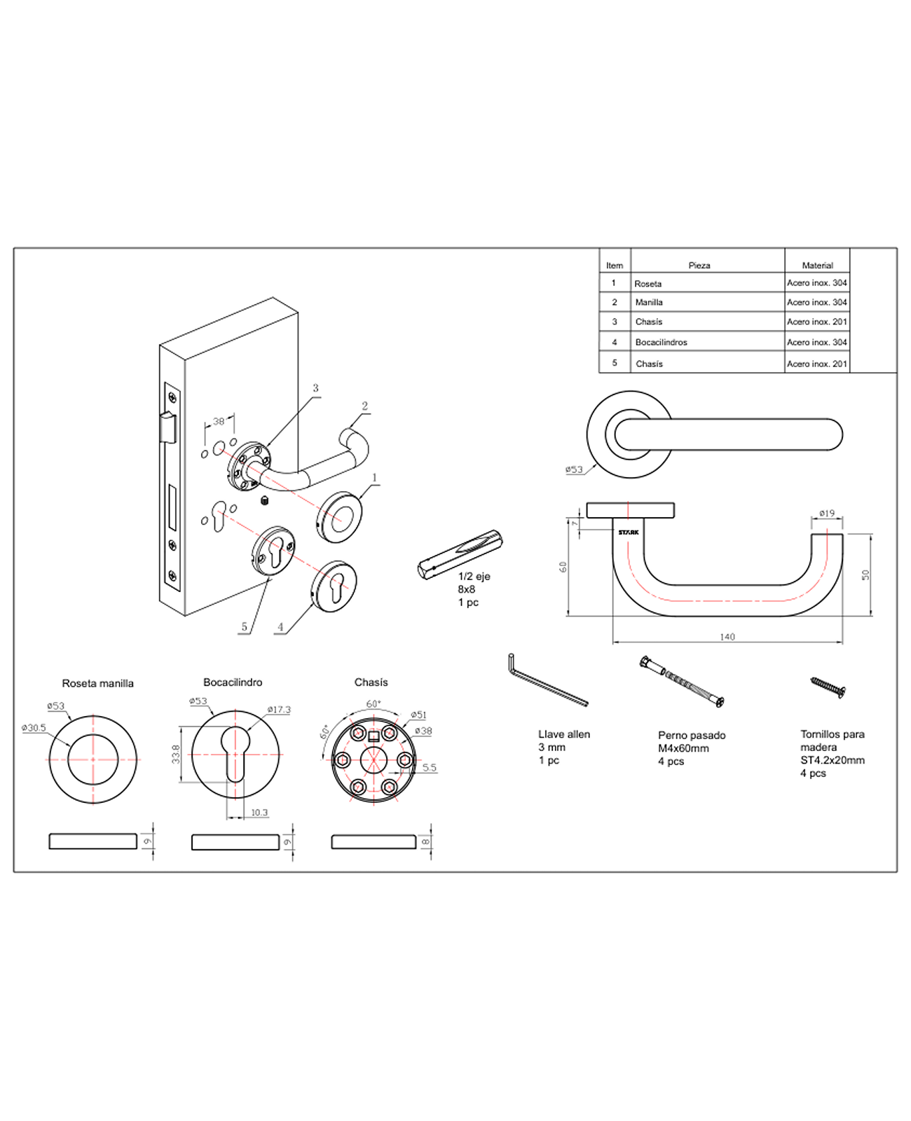 Cerradura de embutir puerta acceso principal. Cilindro ambos lados. Manilla interior derecha o izquierda, Modelo: TINA. (Acero inoxidable 304). SKU: SDE200-AI.KIT.TINA1/2 — imagen 3