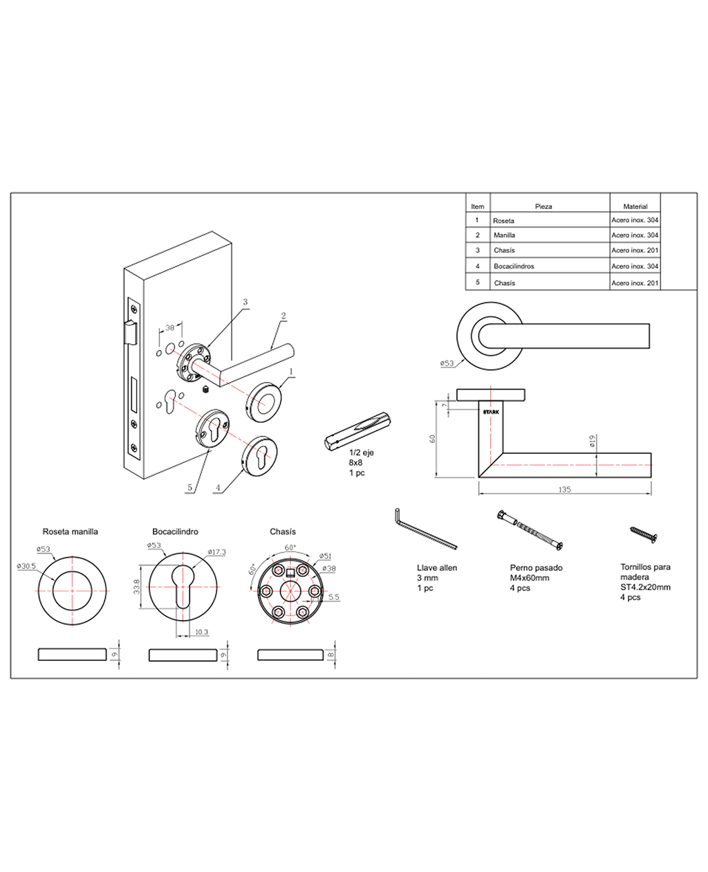Cerradura de embutir puerta acceso principal. Cilindro ambos lados. Manilla interior derecha o izquierda, Modelo: TUTU. (Acero inoxidable 304). SKU: SDE200-AI.KIT.TUTU1/2 — imagen 3