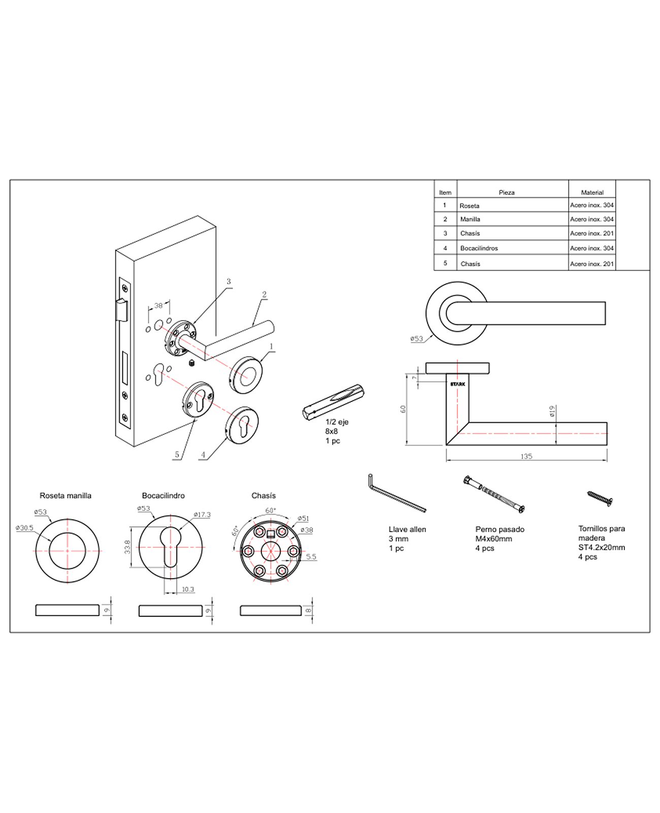 Cerradura de embutir puerta acceso principal. Cilindro ambos lados. Manilla interior derecha o izquierda, Modelo: TUTU. (Negro mate). SKU: SDE200-BL.KIT.TUTU1/2 — imagen 3