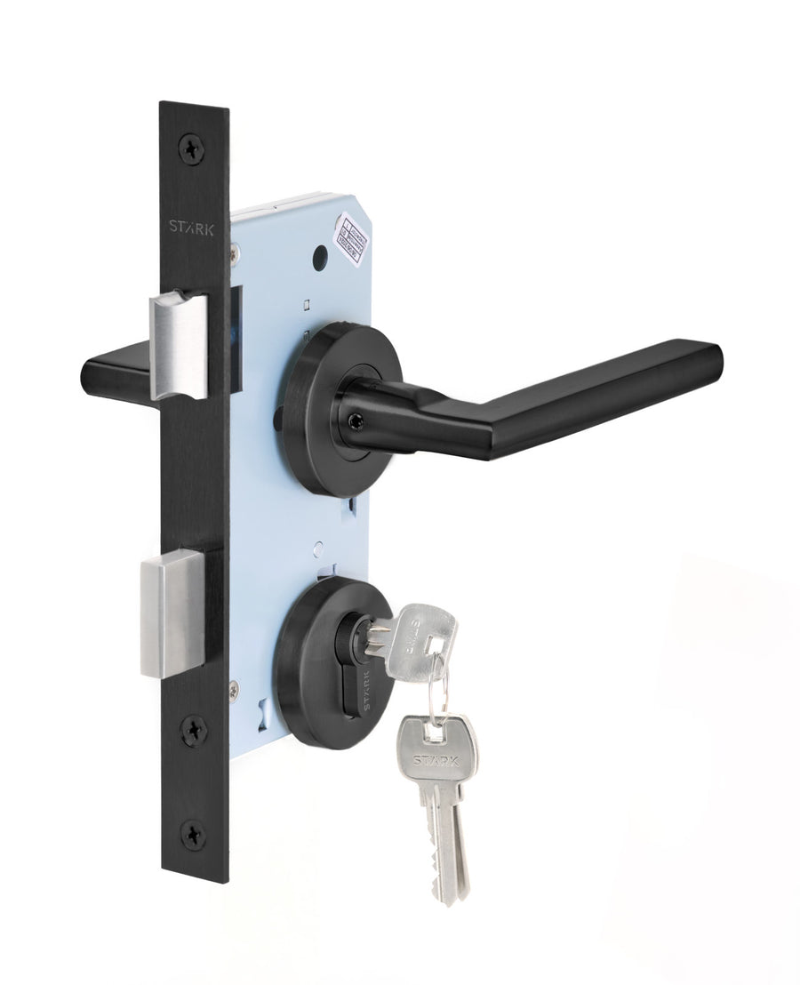 Cerradura de embutir puertas de oficinas, cocina – patio. Cilindro ambos lados. Manillas ambos lados, Modelo: MAITE. (Negro mate). SKU: SDE200-BL.KIT.MAITE