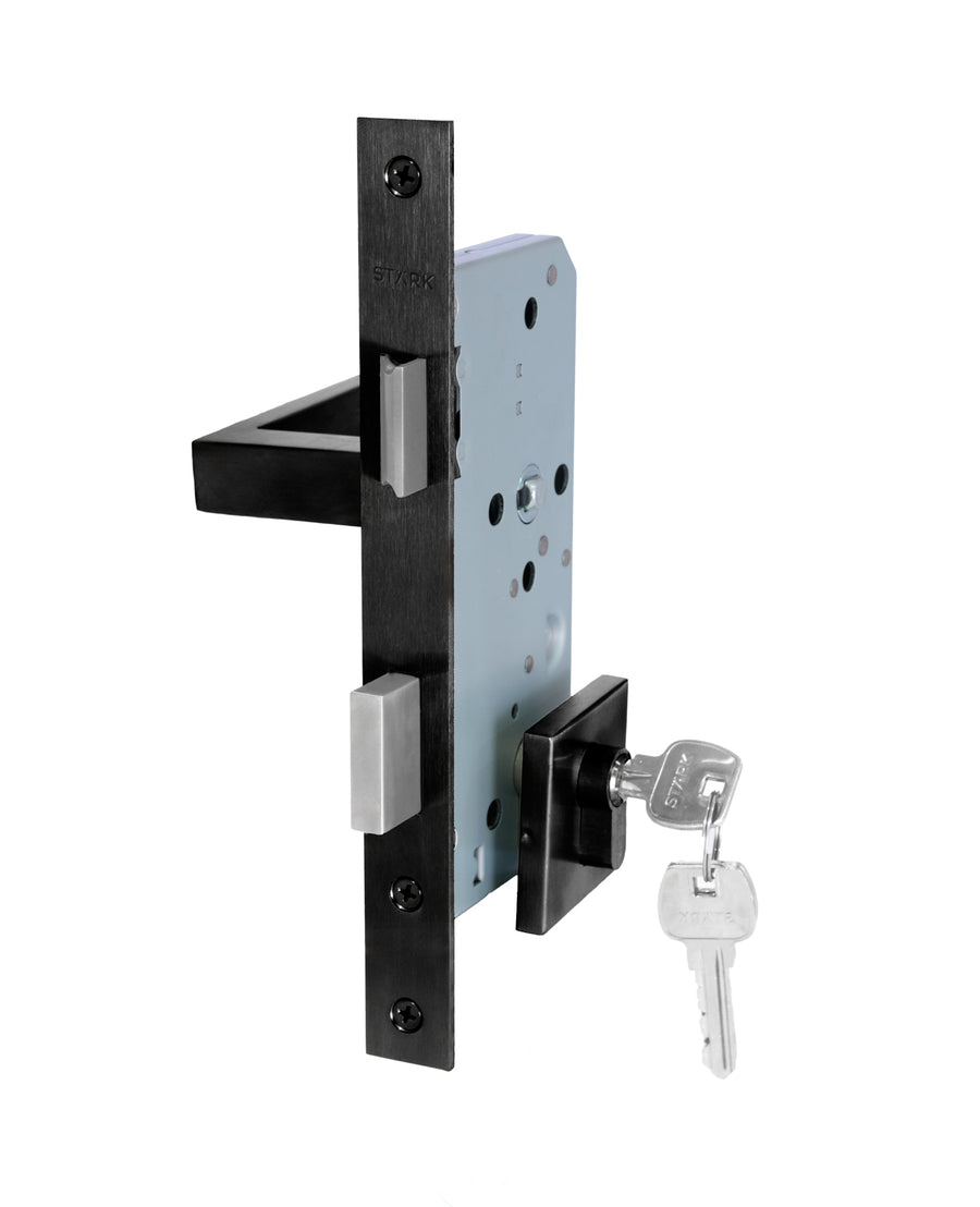 Cerradura de embutir puerta acceso principal. Cilindro ambos lados. Manilla interior DERECHA, Modelo: MIKA. (Negro mate).
