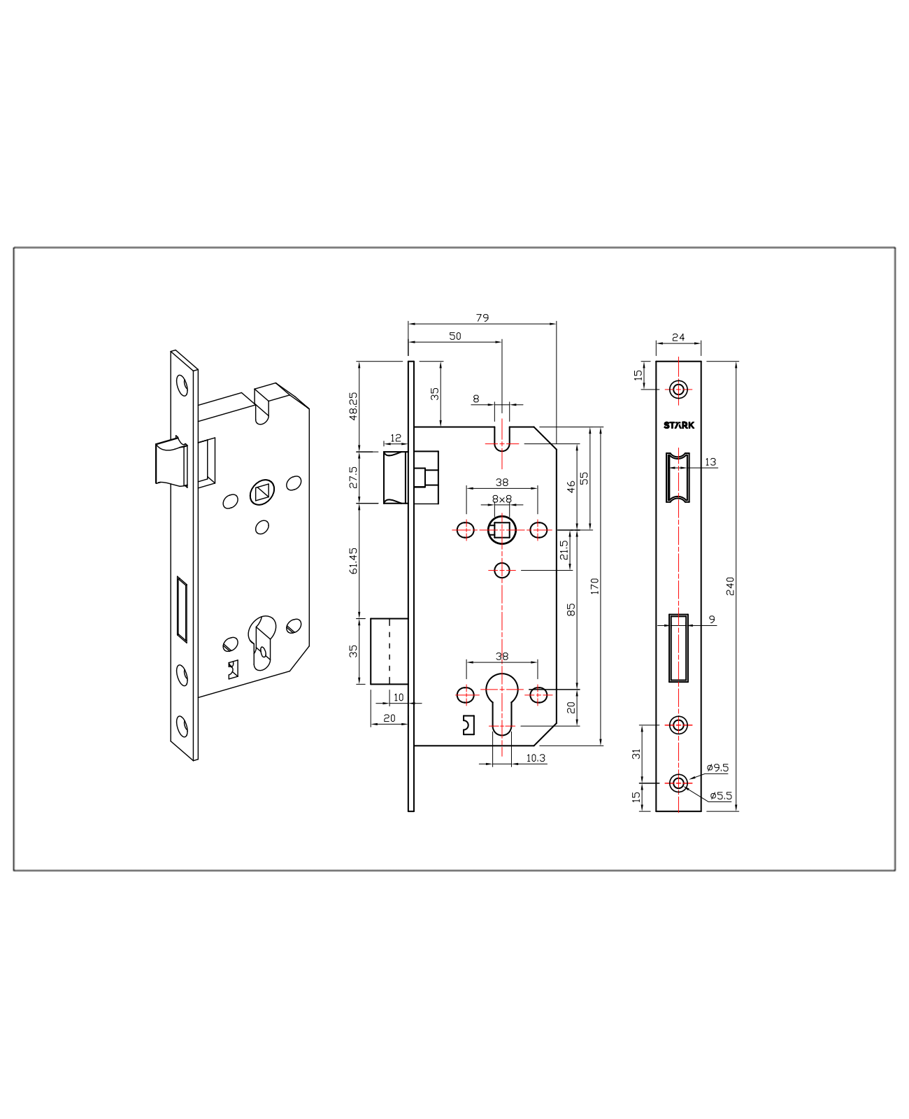Cerradura de embutir puerta acceso principal, oficina o dormitorio, cilindro exterior / seguro interior. (Negro mate). SKU: SDE204-BL.SEG/CL70