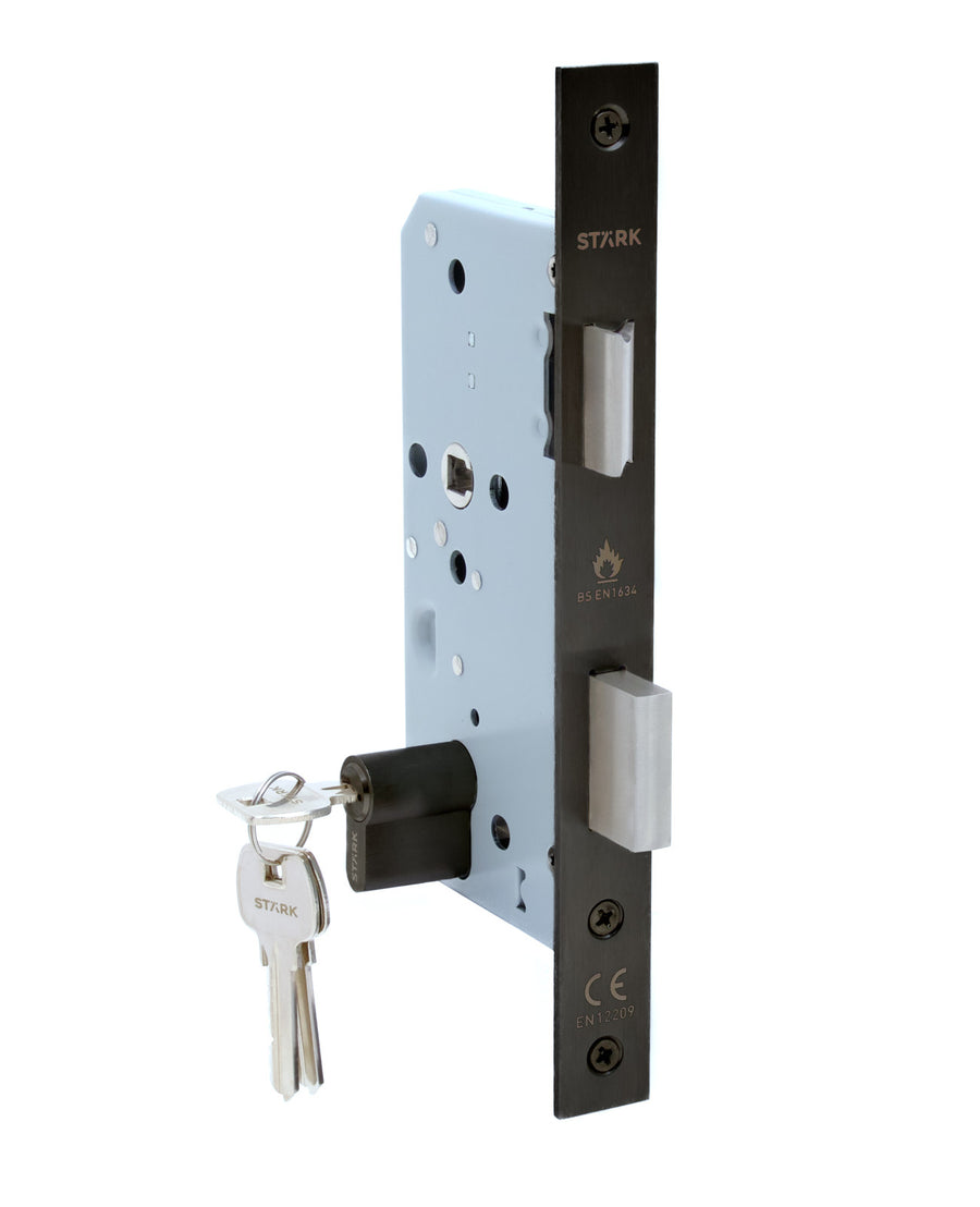 Cerradura de embutir puerta acceso principal, cilindro ambos lados. Resistente al fuego (260 min). (Negro mate). SKU: SDE200-BL.F.CL70