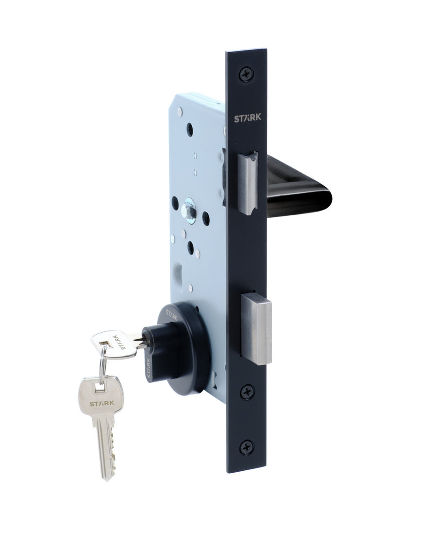 Cerradura de embutir puerta acceso principal. Cilindro ambos lados. Manilla interior derecha o izquierda, Modelo: TUTU. (Negro mate). SKU: SDE200-BL.KIT.TUTU1/2