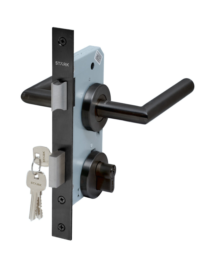 Cerradura de embutir puertas de oficinas, cocina - patio. Cilindro ambos lados. Manillas ambos lados, Modelo: TUTU. (Negro mate). SKU: SDE200-BL.KIT.TUTU