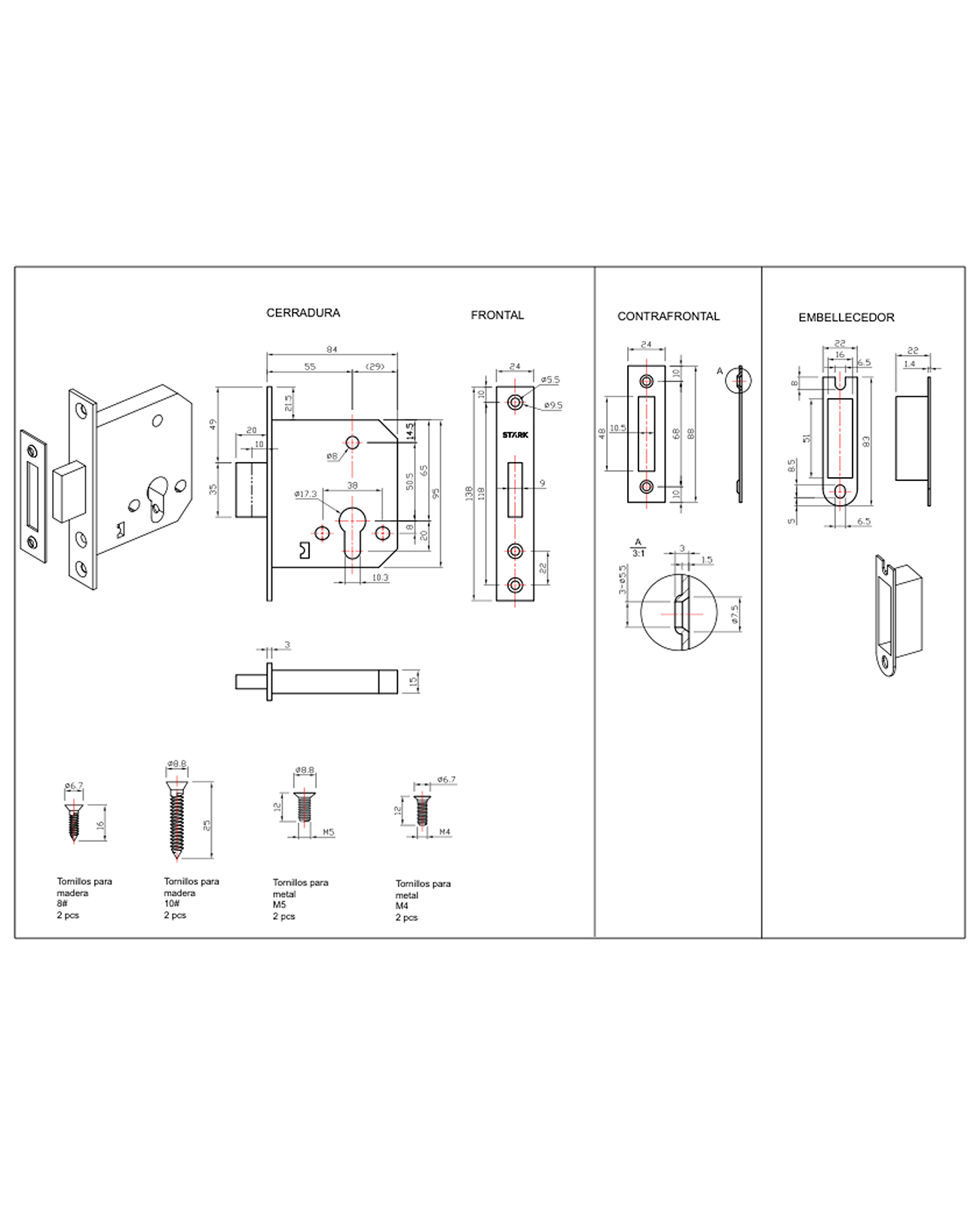 Cerradura de embutir de seguridad, cilindro exterior / seguro interior. Doble vuelta de llave. (Negro Mate). — imagen 2