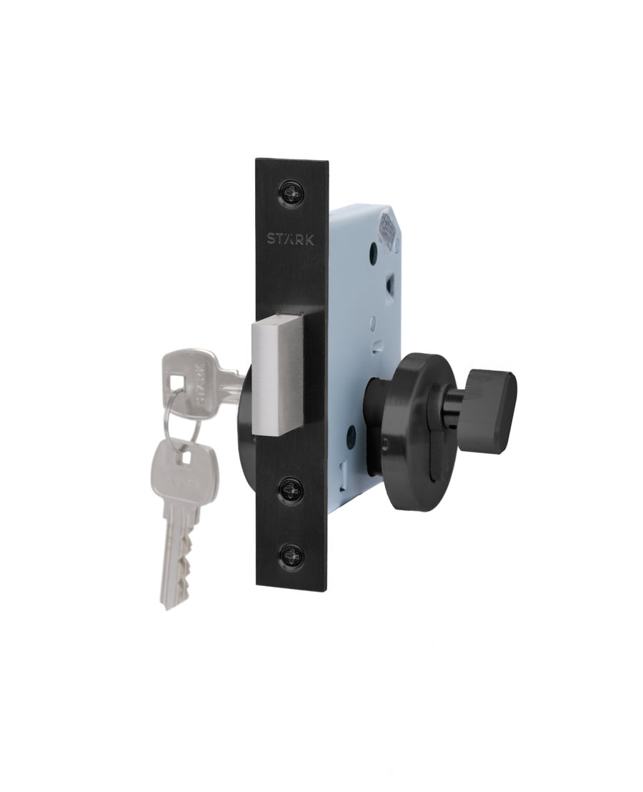 Cerradura de embutir de seguridad, cilindro exterior / seguro interior. Doble vuelta de llave. (Negro Mate).