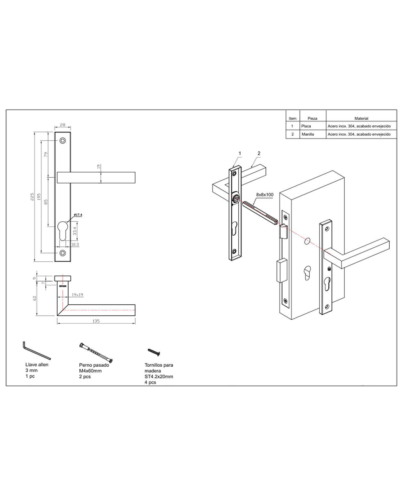 Cerradura de embutir para puerta de aluminio o perfil metálico, acceso principal u oficina. Cilindro ambos lados. Manillas ambos lados Modelo: CRISTI. SKU: SDE280-AB.KIT.CRISTI — imagen 2