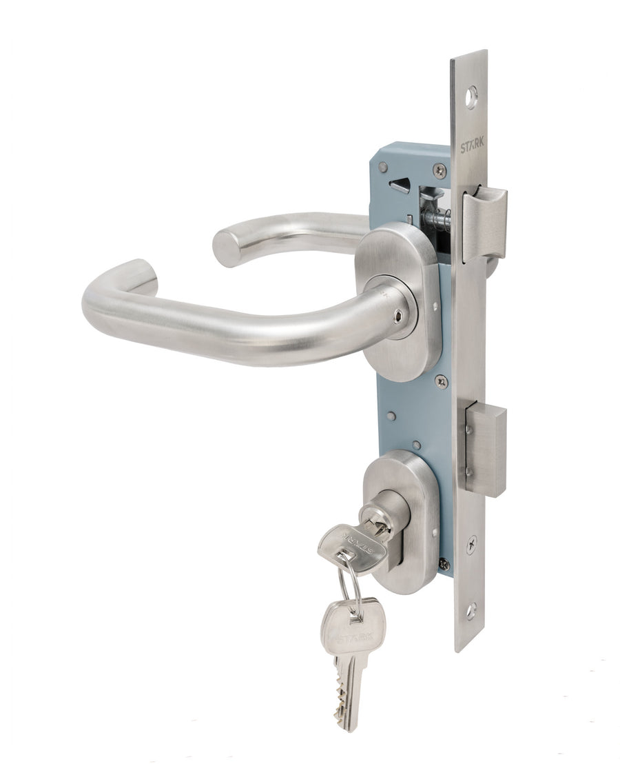 Cerradura de embutir para puerta de aluminio o perfil metálico, acceso principal u oficina. Cilindro ambos lados. Manillas ambos lados Modelo: TINA. SKU: SDE280-AI.KIT.TINA