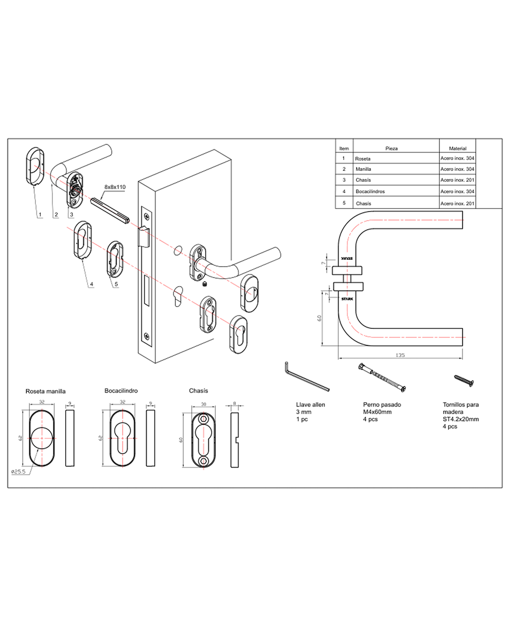 Cerradura de embutir para puerta de aluminio o perfil metálico, acceso principal u oficina. Cilindro ambos lados. Manillas ambos lados Modelo: MARTI. SKU: SDE280-AI.KIT.MARTI — imagen 2