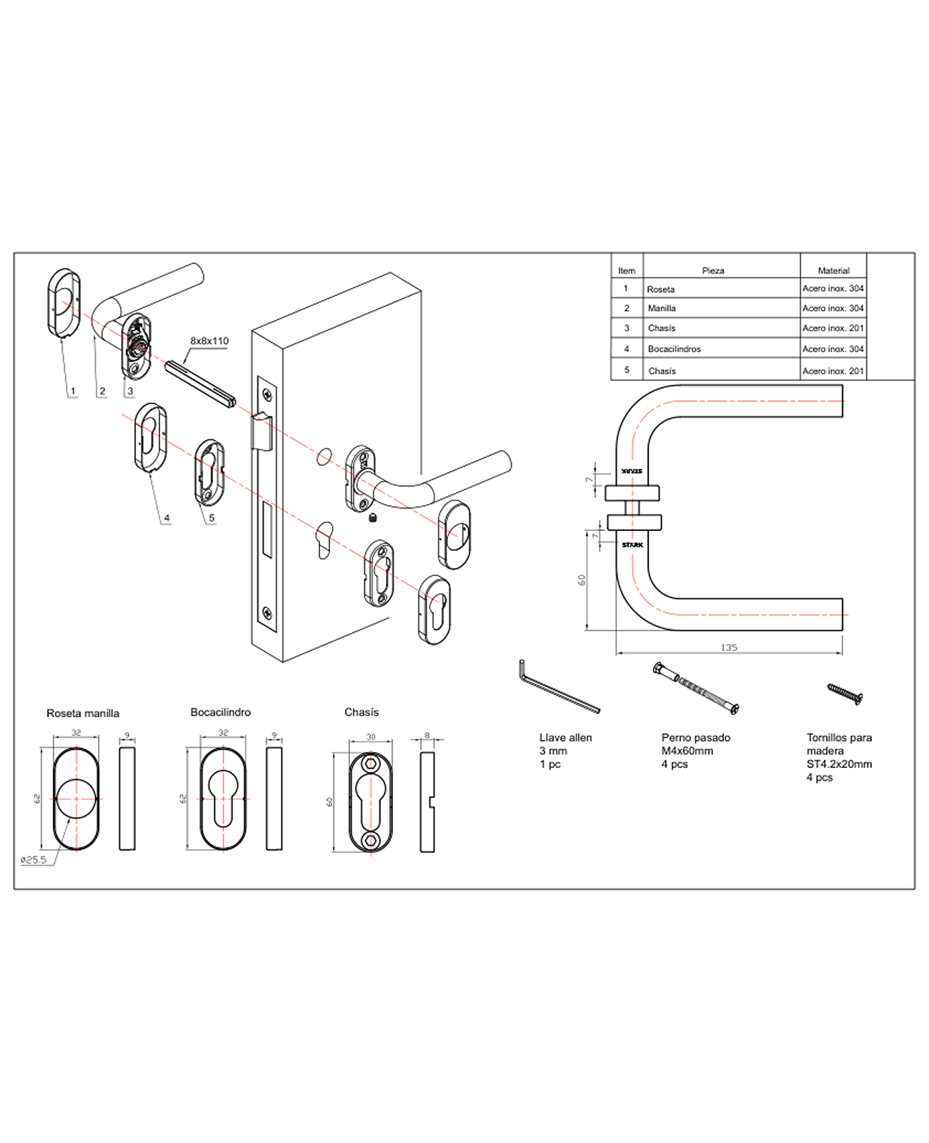 Cerradura de embutir para puerta de aluminio o perfil metálico, acceso principal u oficina. Cilindro ambos lados. Manillas ambos lados Modelo: MARTI. SKU: SDE280-AI.KIT.MARTI — imagen 2