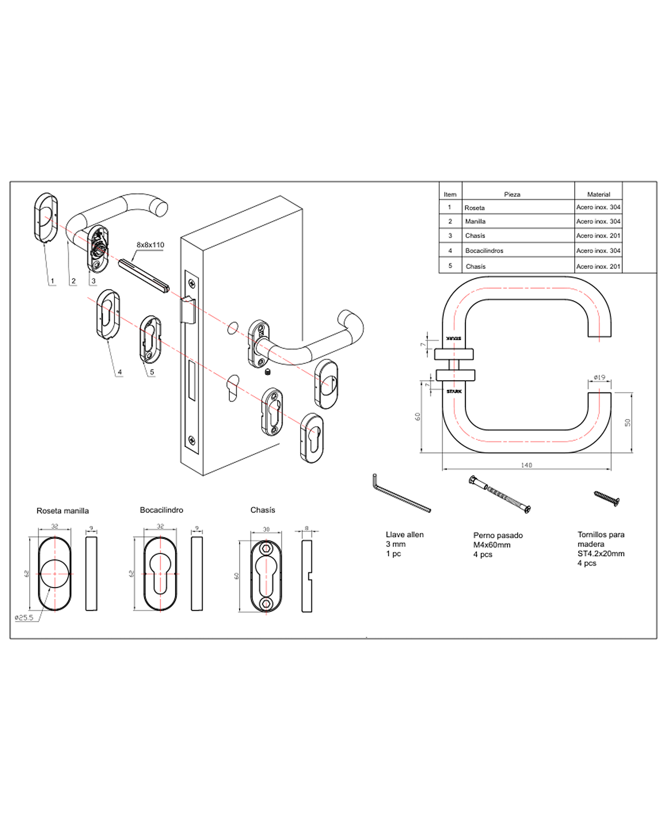 Cerradura de embutir para puerta de aluminio o perfil metálico, acceso principal u oficina. Cilindro ambos lados. Manillas ambos lados Modelo: TINA. SKU: SDE280-AI.KIT.TINA — imagen 2