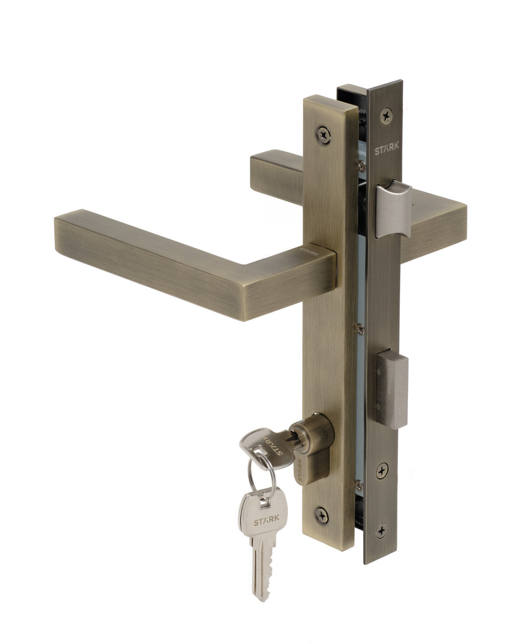 Cerradura de embutir para puerta de aluminio o perfil metálico, acceso principal u oficina. Cilindro ambos lados. Manillas ambos lados Modelo: CRISTI. SKU: SDE280-AB.KIT.CRISTI