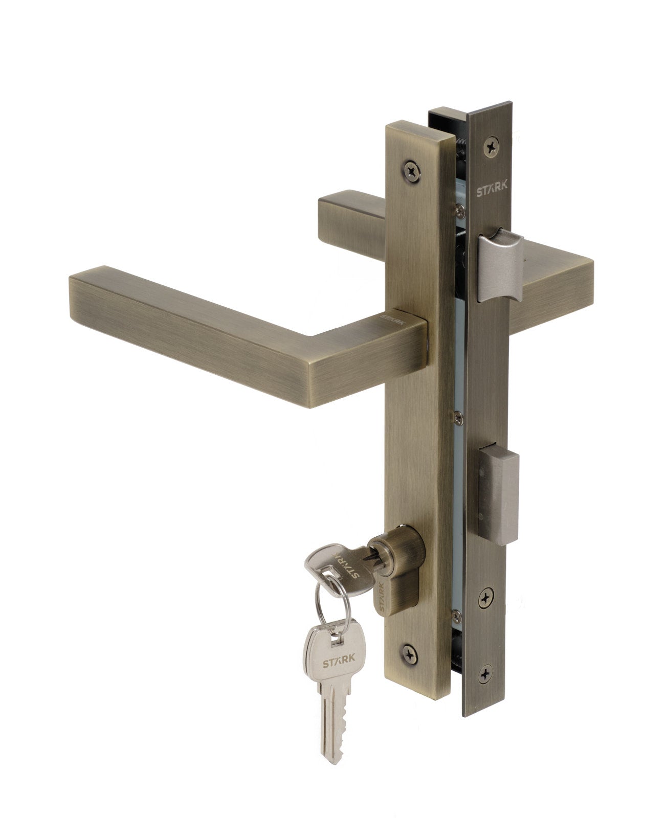 Cerradura de embutir para puerta de aluminio o perfil metálico, acceso principal u oficina. Cilindro ambos lados. Manillas ambos lados Modelo: CRISTI. SKU: SDE280-AB.KIT.CRISTI