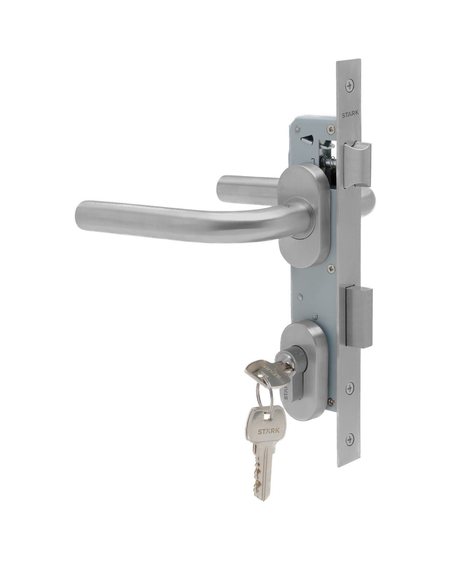 Cerradura de embutir para puerta de aluminio o perfil metálico, acceso principal u oficina. Cilindro ambos lados. Manillas ambos lados Modelo: MARTI. SKU: SDE280-AI.KIT.MARTI