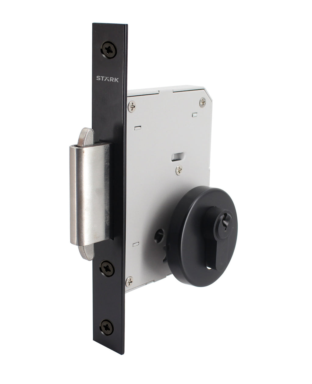 Cerradura de embutir de seguridad puerta corredera, cilindro ambos lados. Cerrojo doble enganche. (Negro mate). SKU: SDE290-BL.CL70