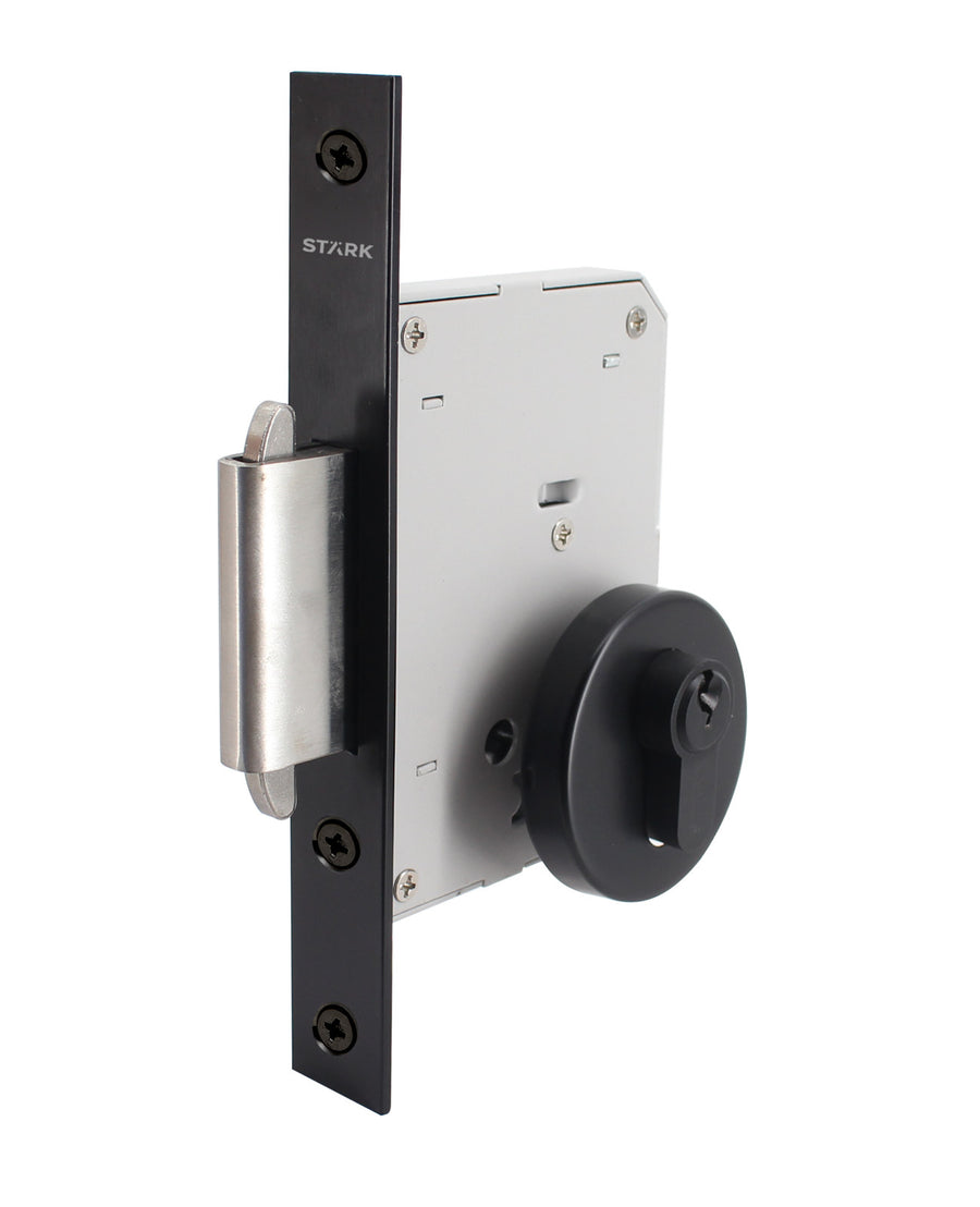 Cerradura de embutir de seguridad puerta corredera, cilindro ambos lados. Cerrojo doble enganche. (Negro mate). SKU: SDE290-BL.CL70