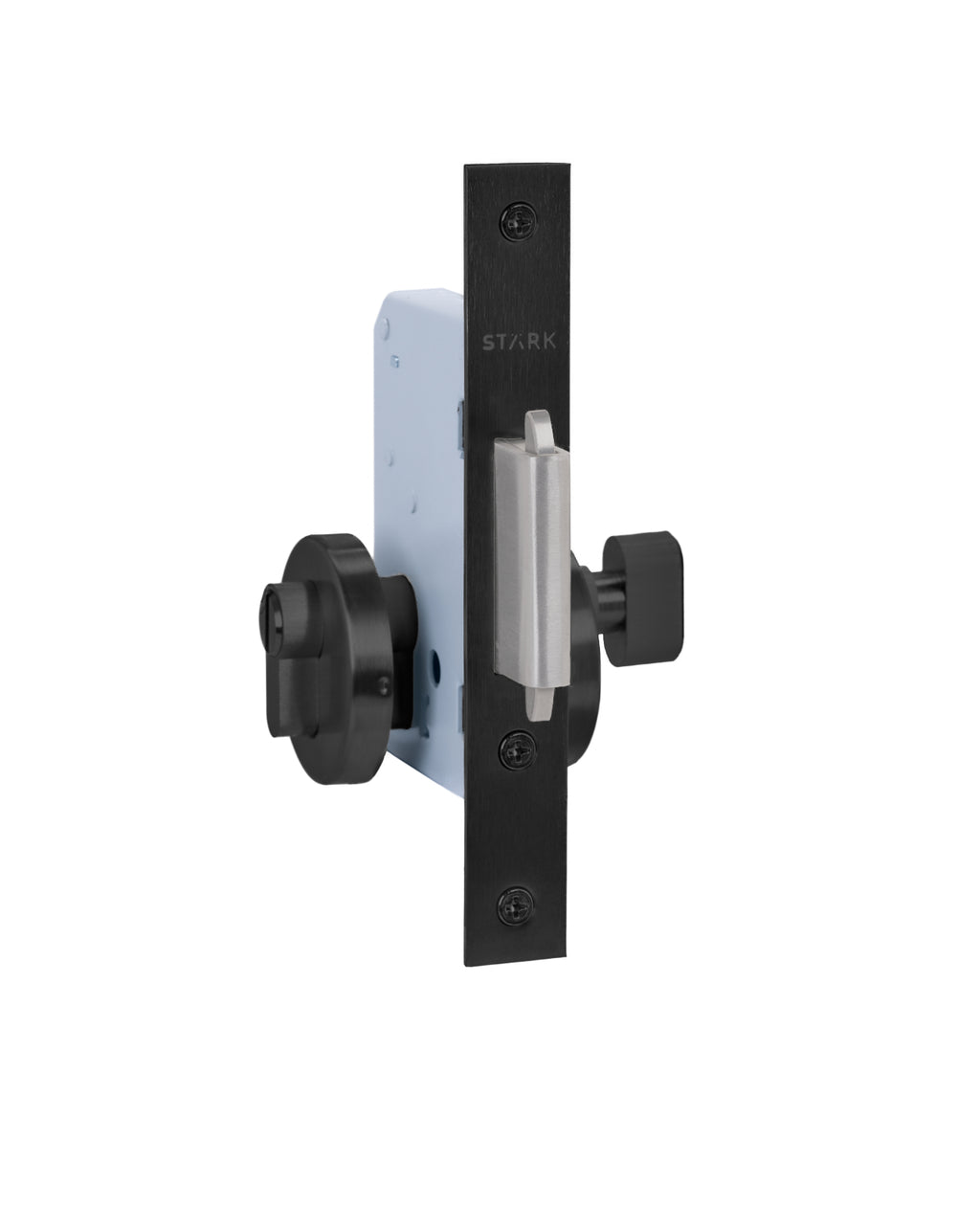 Cerradura de embutir puerta corredera función baño, seguro interior / ranura emergencia exterior. Cerrojo doble enganche. (Negro mate).