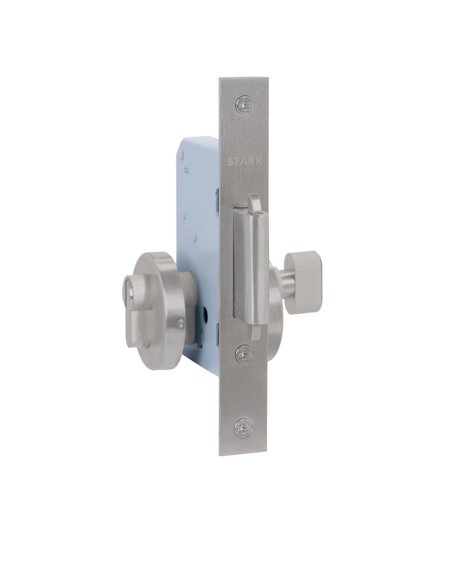 Cerradura de embutir puerta corredera función baño, seguro interior / ranura emergencia exterior. Cerrojo doble enganche. (Acero inoxidable 304).