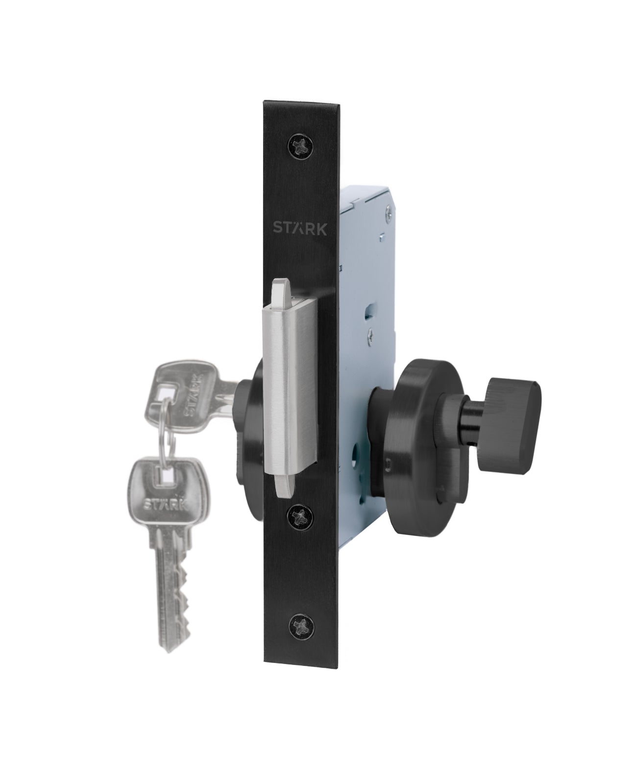 Cerradura de embutir de seguridad puerta corredera, cilindro exterior y seguro interior. Cerrojo doble enganche. (Negro mate).