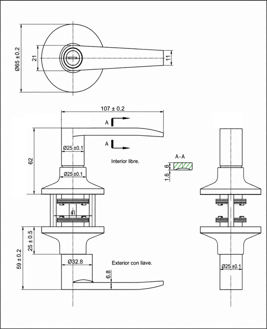 Cerradura tubular con manilla, Acceso principal - Bodega. (Níquel satinado). SKU: SDM20-NS