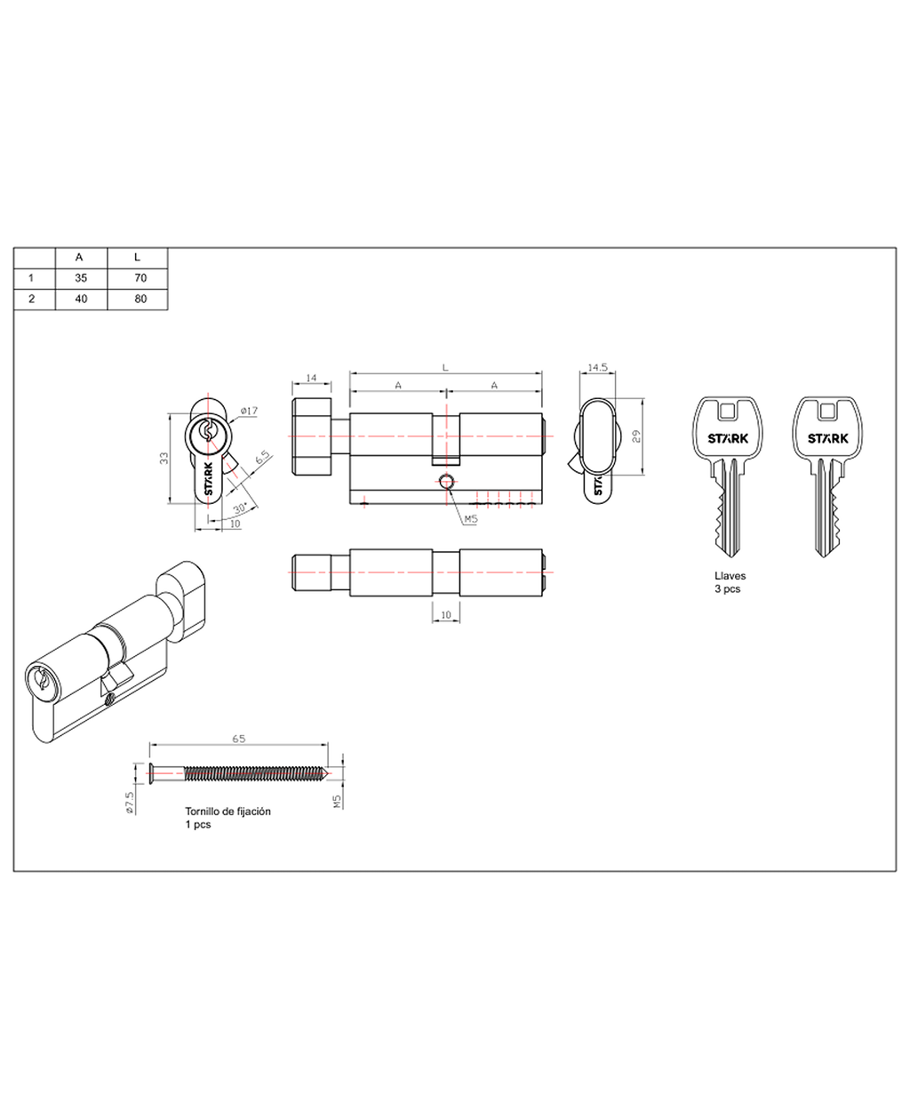 Cilindro 70 mm llave/seguro interior centrado. (Negro mate) — imagen 2