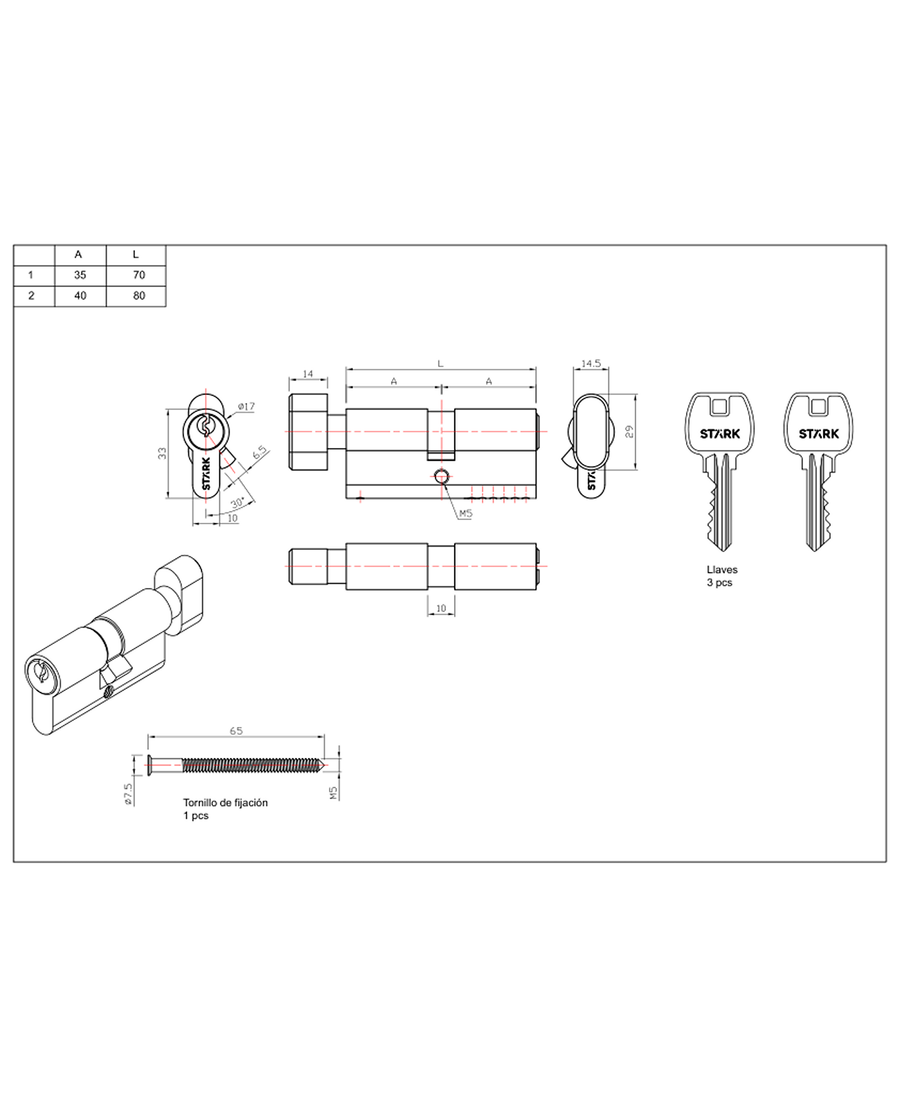 Cilindro 70 mm llave/seguro interior centrado. (Negro mate) — imagen 2