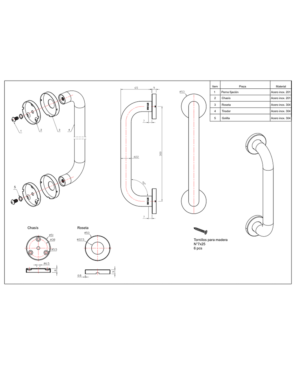 Tirador simple de acero inoxidable 304. Largo 30 cm. — imagen 2