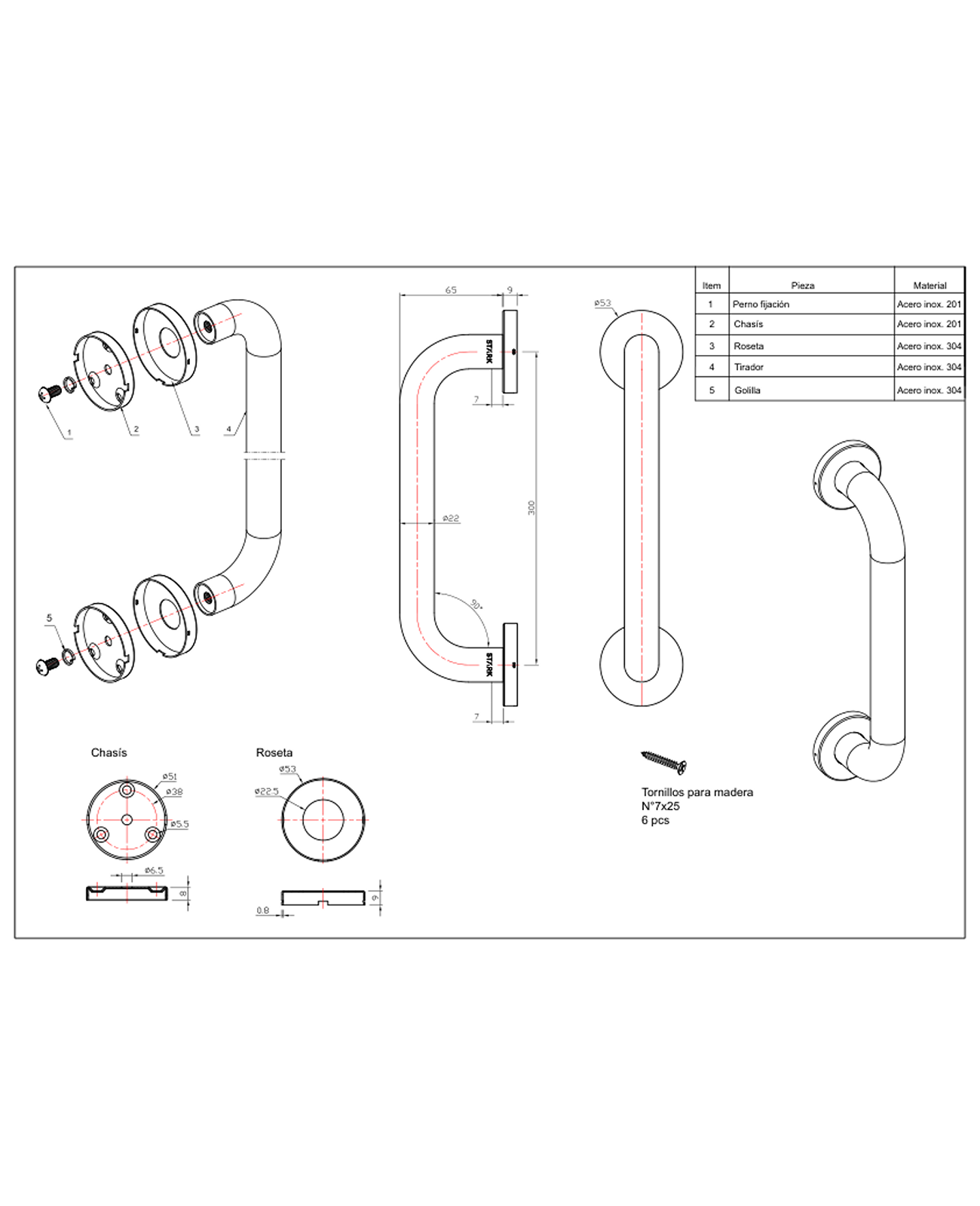 Tirador simple de acero inoxidable 304. Largo 30 cm. — imagen 2
