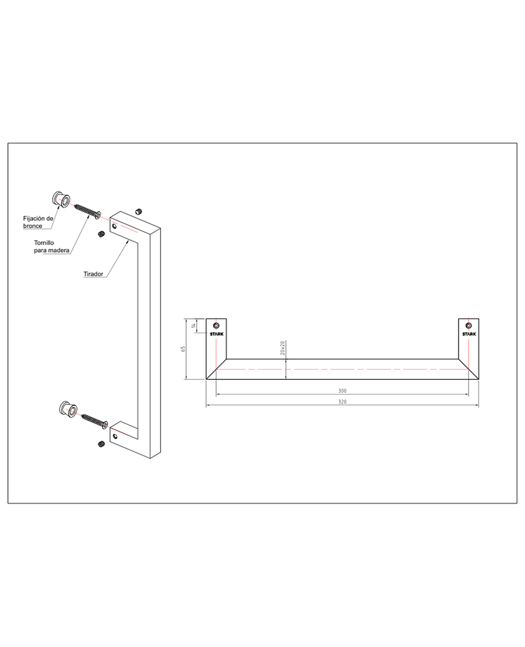 Tirador simple de acero inoxidable 304. Fijación invisible. Largo 30 cm. — imagen 2