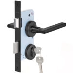 Cerradura de embutir puertas de oficinas, cocina – patio. Cilindro ambos lados. Manillas ambos lados, Modelo: MAITE. (Negro mate). SKU: SDE200-BL.KIT.MAITE