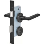 Cerradura de embutir función baño, seguro interior / ranura emergencia exterior. Manillas modelo: MAITE. (Negro mate). SKU: SDE230-BL.KIT.MAITE